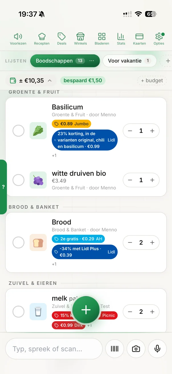 The FeedMyCart app: a shared grocery list with live deals, real prices and a running budget.